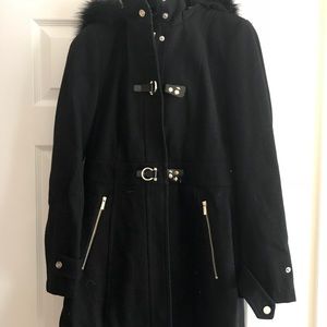 Black Wool Coat with Faux Fur Hood